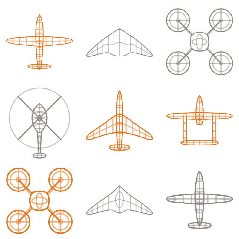 Top-down silhouettes of drone airframe types